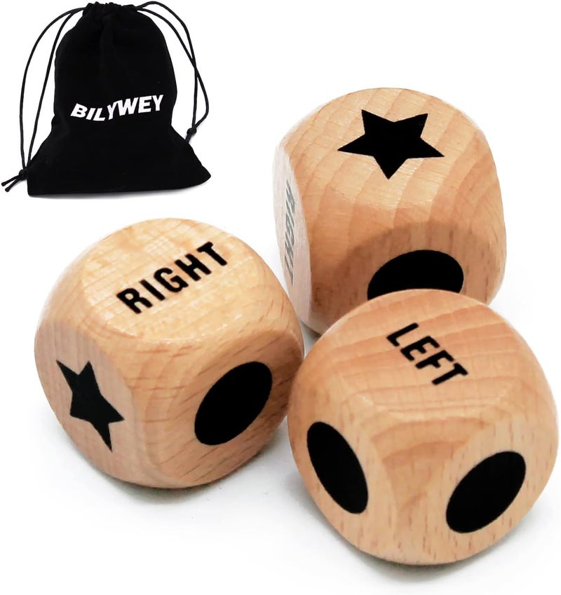 Bilywey 3pcs Left Right Center Game Dice 1 inch Beech Wood Dices with Drawstring Bag (3 pcs) - Image 1